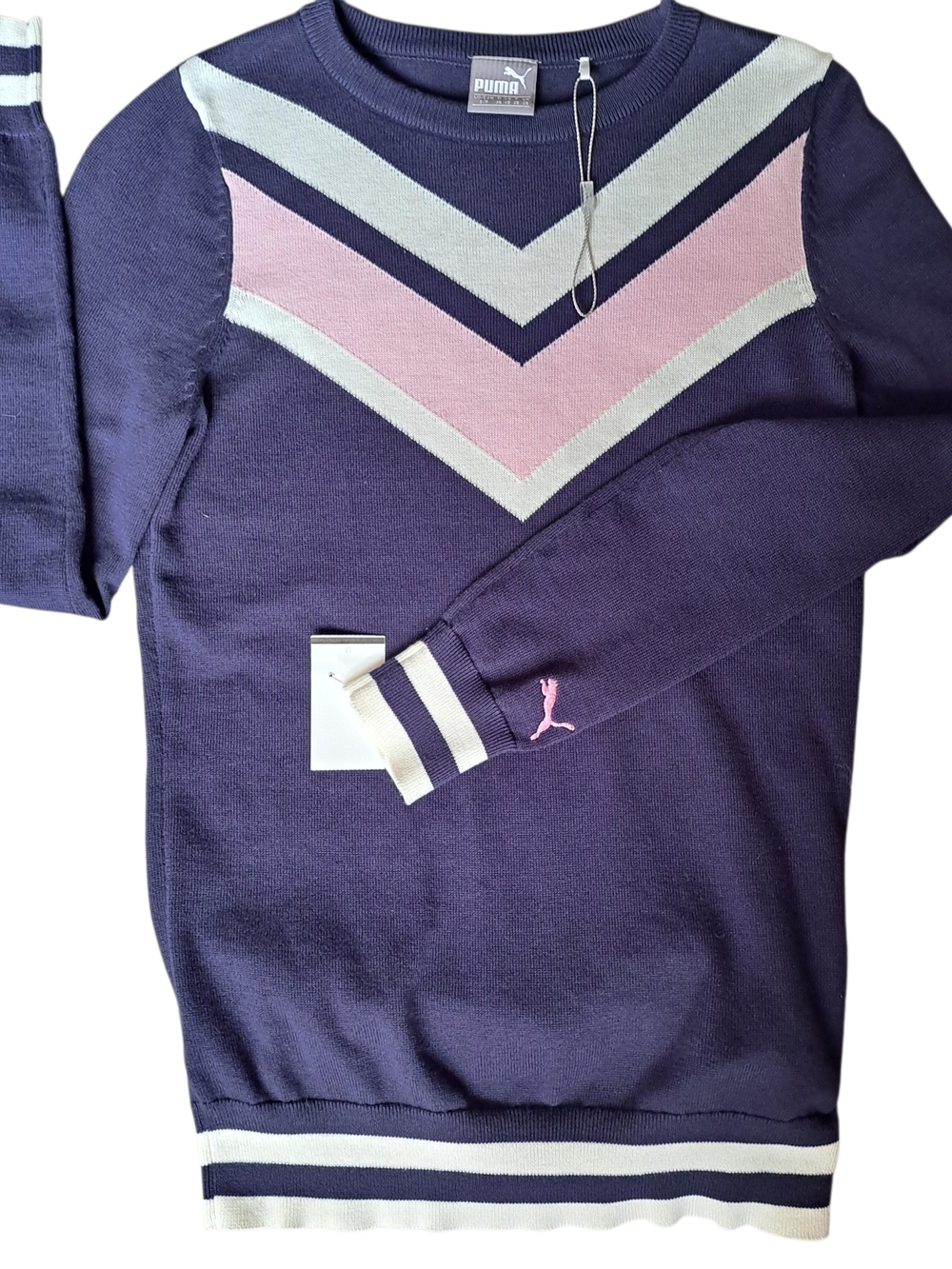 Puma Sweater Women Small Navy Pink Chevron Knit Crewneck Preppy NEW